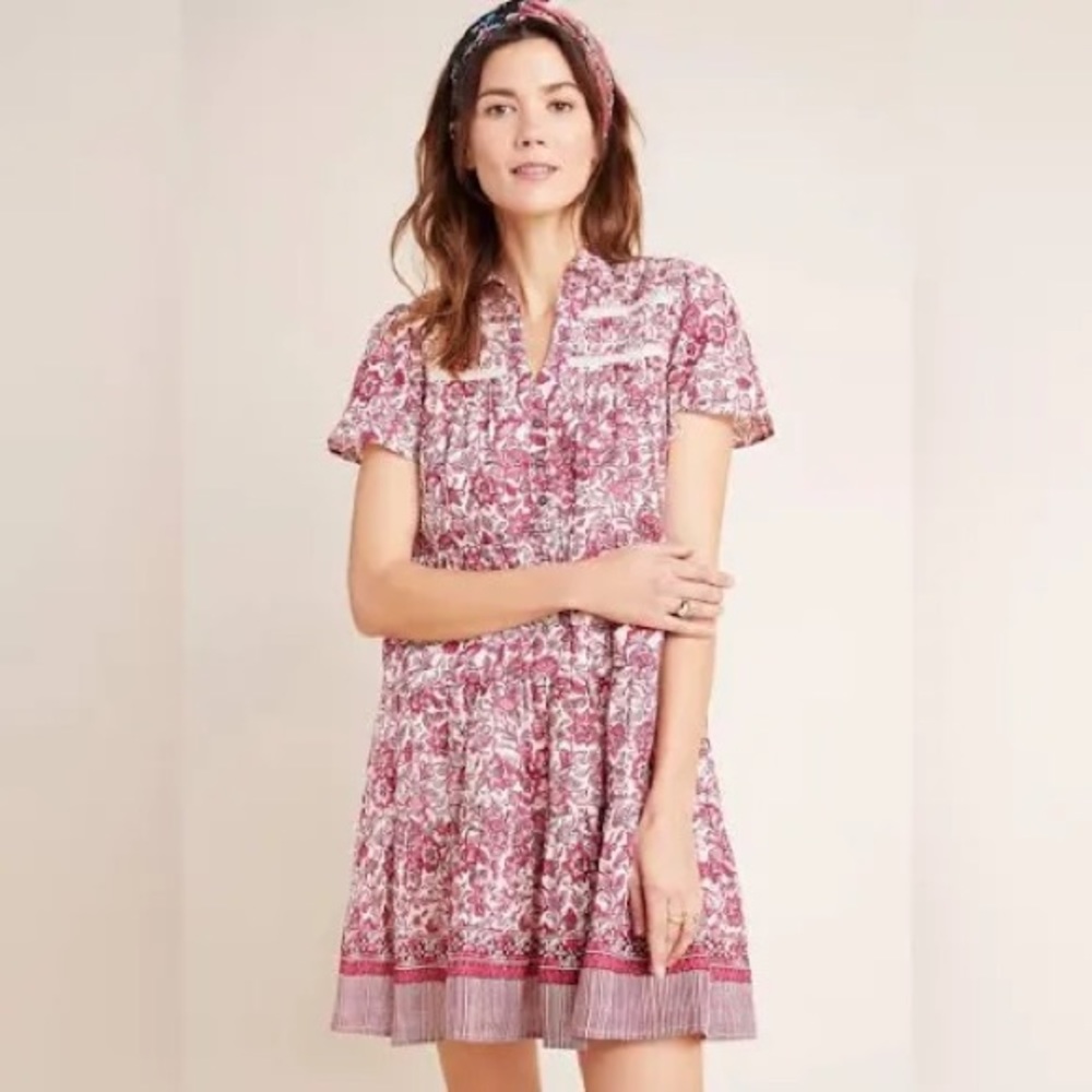 Anthropologie Pink Floral Short-Sleeve Tiered Mini Dress
